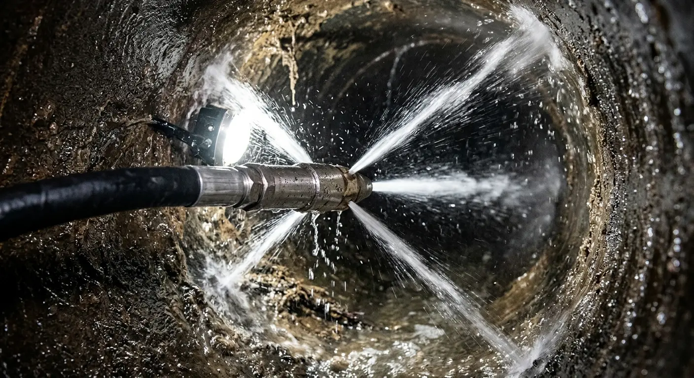 High-pressure hydro jetting nozzle cleaning sewer pipe for Trenchless Sewer Repair in Druid Hills