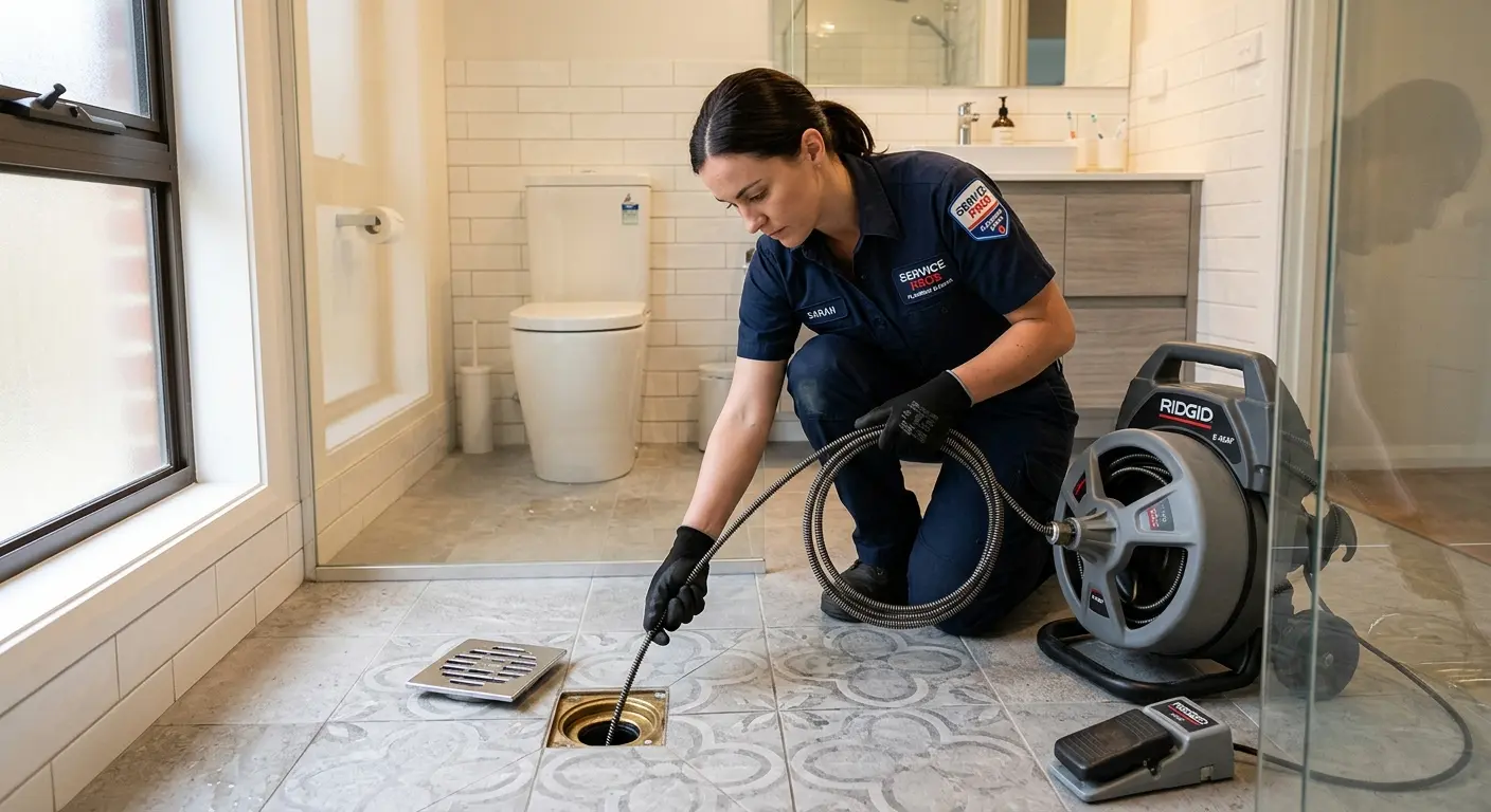 Technician clearing a bathroom floor drain for Sewer Line Installation in Druid Hills